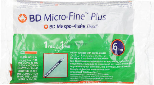 Bd Micro-Fine Plus Demi Insulin Syringe 0.5ml with 30Gx8mm Needle Pack, 100 Pieces