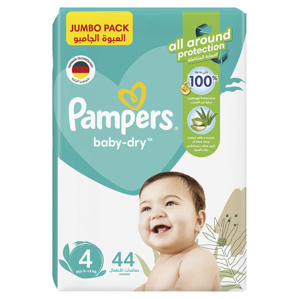 حفاضات بامبرز Baby-Dry مع لوشن الصبار ، مقاس 4 ، 9-14 كجم ، العبوة الكبيرة ، 44 حفاضة